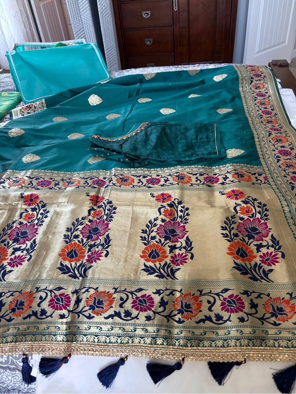 Teal and Gold Floral Banarasi Saree